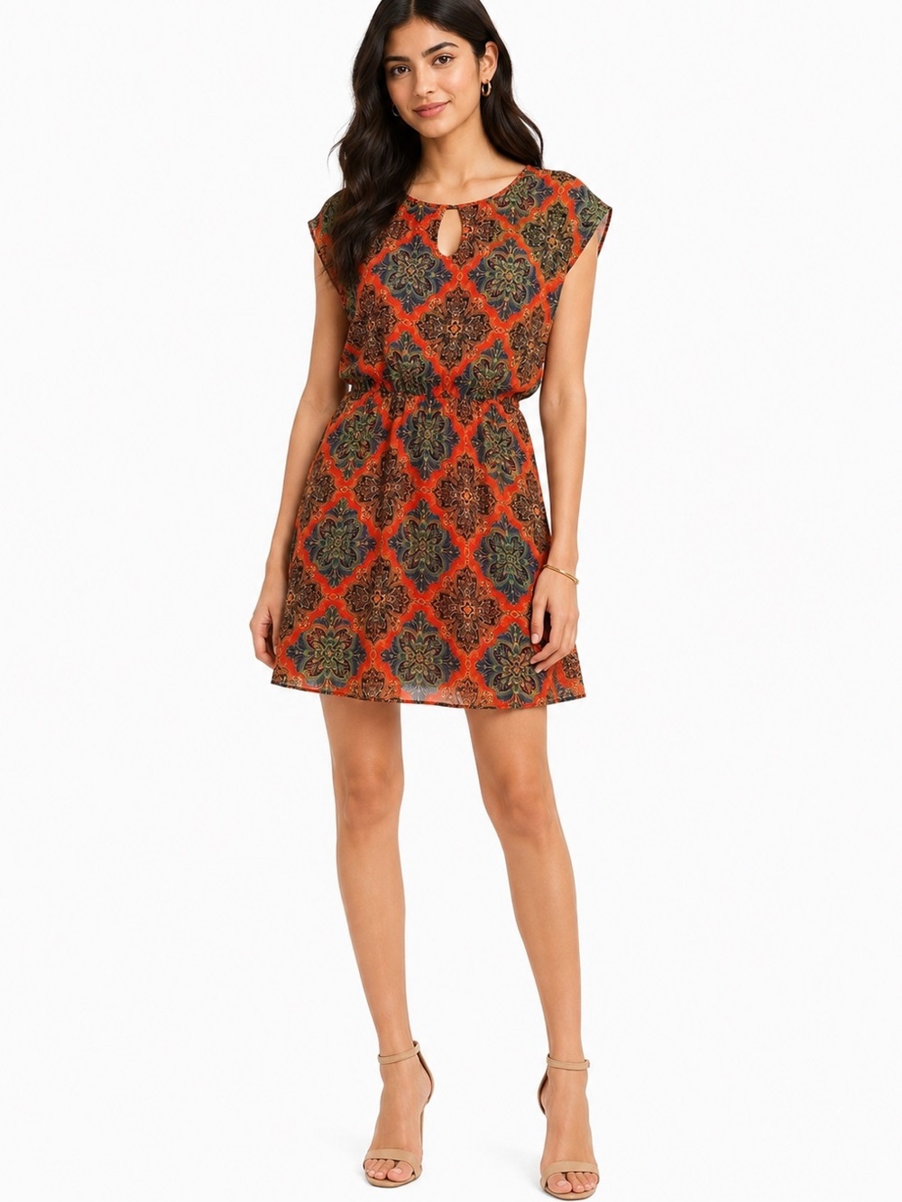 Alya Dress Size Medium Boho Orange Blue Patterned